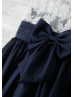 Navy Blue Taffeta Ivory Lace V Back Knee Length Flower Girl Dress Navy Blue Taffeta Ivory Lace V Back Knee Length Flower Girl Dress